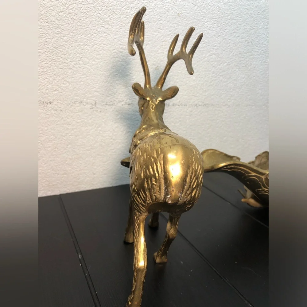 VINTAGE  LARGE BRASS REINDEER SLEIGH CHERUB SET CHRISTMAS HEAVY